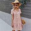 Spring Summer Solid Short Dress Women Casual O Neck Button A Line Apricot Pink Navy Blue S M L XL
