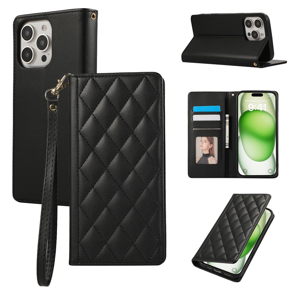 For iPhone 16 Pro Case RFID Blocking Wallet Stand Rhombus Leather Phone Cover with Wrist Strap