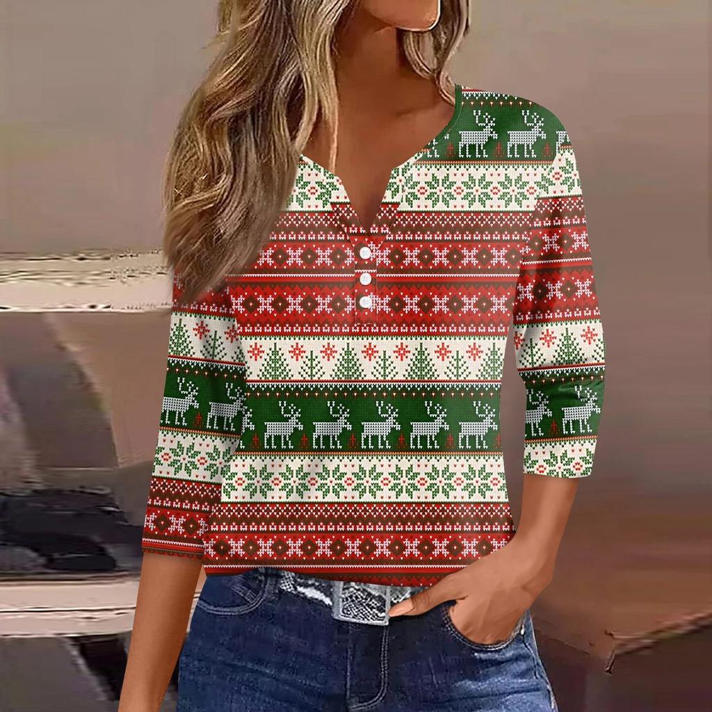 Women's T Shirt Tee Christmas Print Button 3/4 Sleeve Daily Weekend Fashion Basic V Neck Regular Top