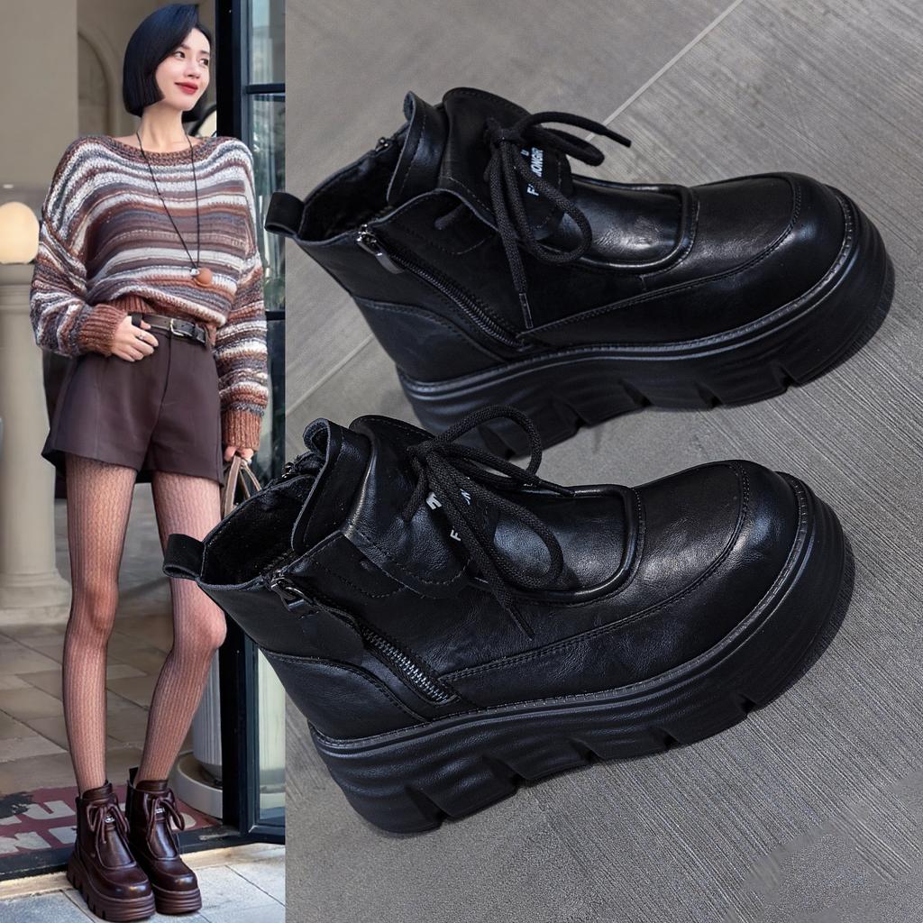 2026 autumn and winter new casual cotton shoes platform high-top short boots Martin boots side zipper wedge heel velvet mother shoes women