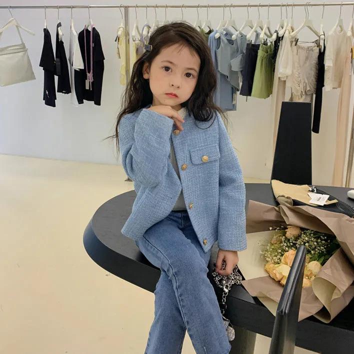 Весенне-осенняя однобортная блузка с круглым вырезом для девочек, повседневная однотонная детская куртка среднего и большого размера