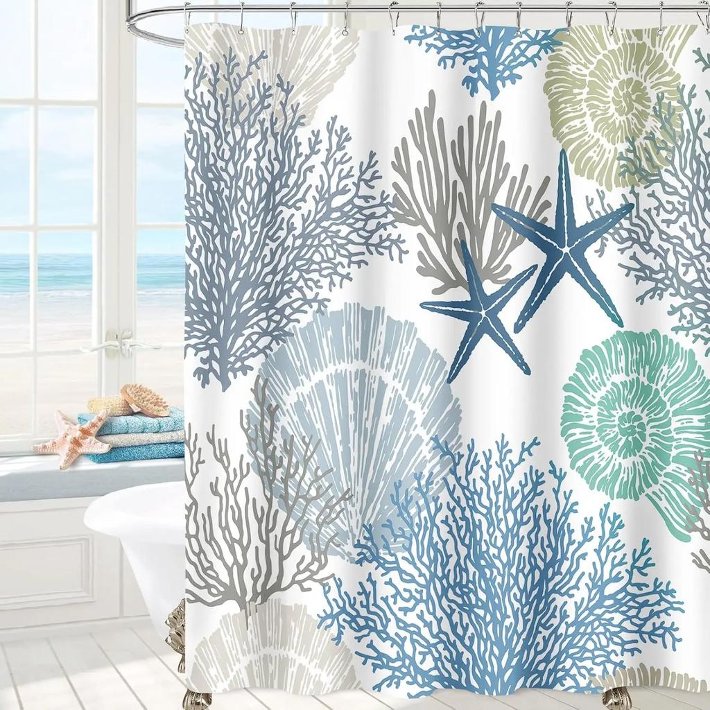 GAEBeach Ocean Themed Shower Curtain, Teal Blue Nautical Coastal Decor, Tropical Fabric Set with Hooks