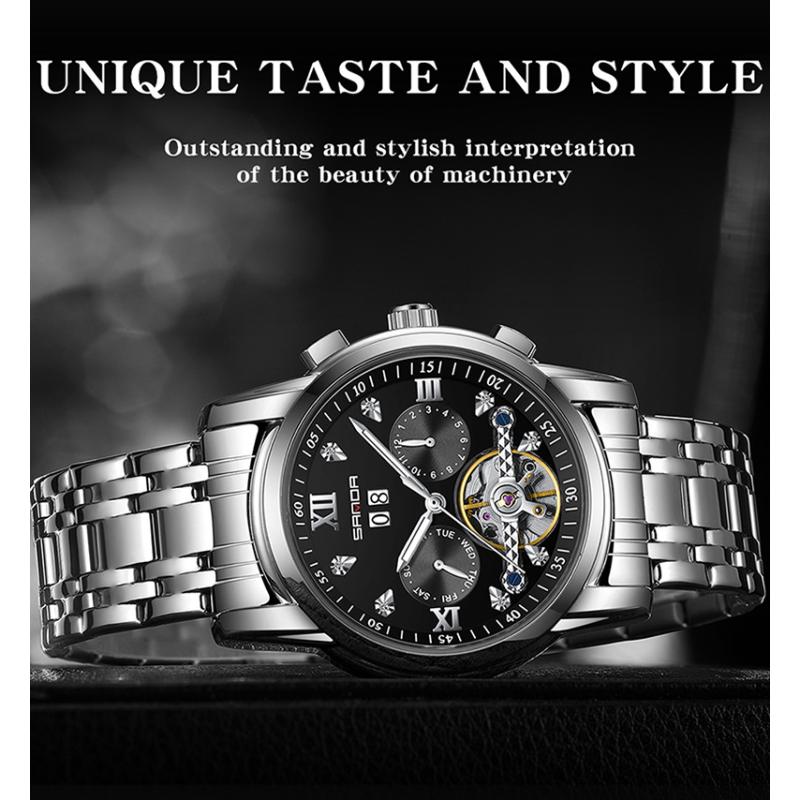 SANDA Новый продукт, мужские автоматические механические часы со стальным ремешком, кварцевые модные полые мужские часы