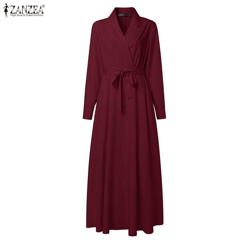 ZANZEA Женское элегантное повседневное длинное платье А-силуэта с лацканами и длинными рукавами