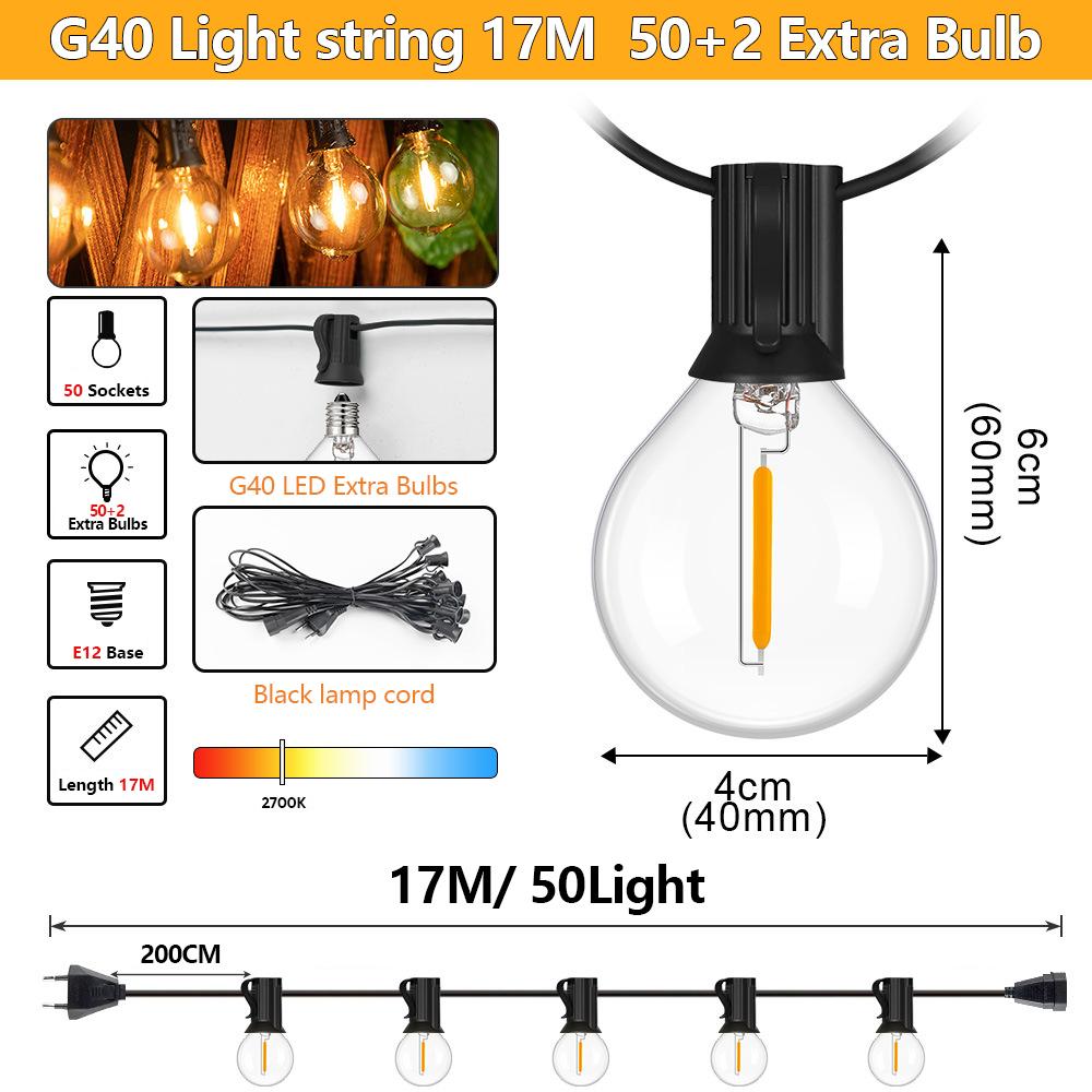 Outdoor String LED Patio Lights G40 Shatterproof Bulb Outside Waterproof Electric String Lights for Backyard Yard Gazebo Porch