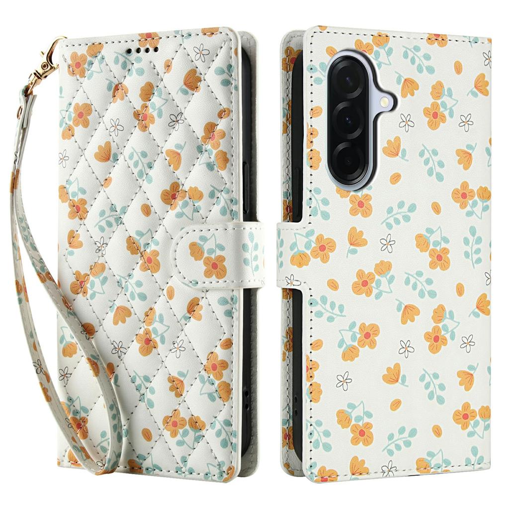For Samsung Galaxy A36 5G/A56 5G Wallet Case Rhombic Floral Design Leather Flip Phone Cover with Strap