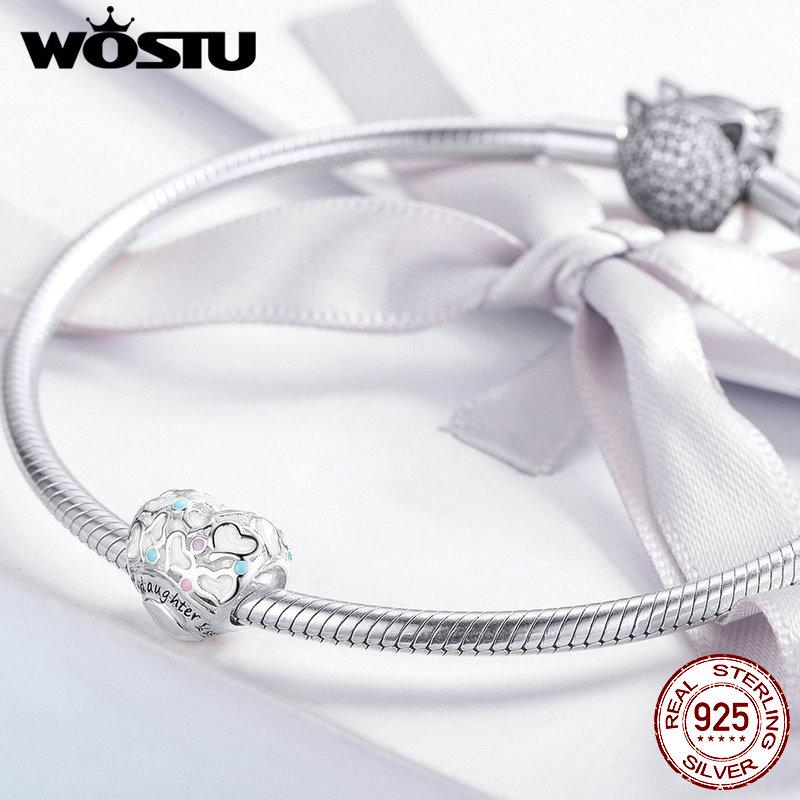 WOSTU 925 Sterling Silver Daughter's Love Beads Multi-Color Heart Charm Fit Original Bracelet