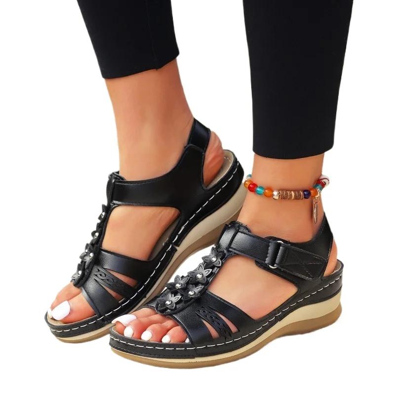 Женская обувь, горячая распродажа, женские сандалии с открытым носком, модные повседневные сандалии с цветочным принтом, женские, новые, большие размеры, бестселлер, босоножки на танкетке