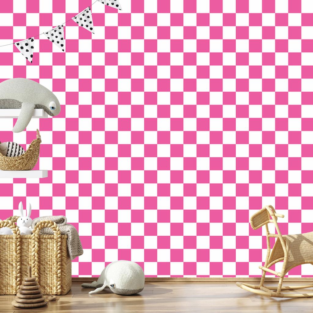 Checkerboard wallpaper, white and purple, powder pink background, 50x1000