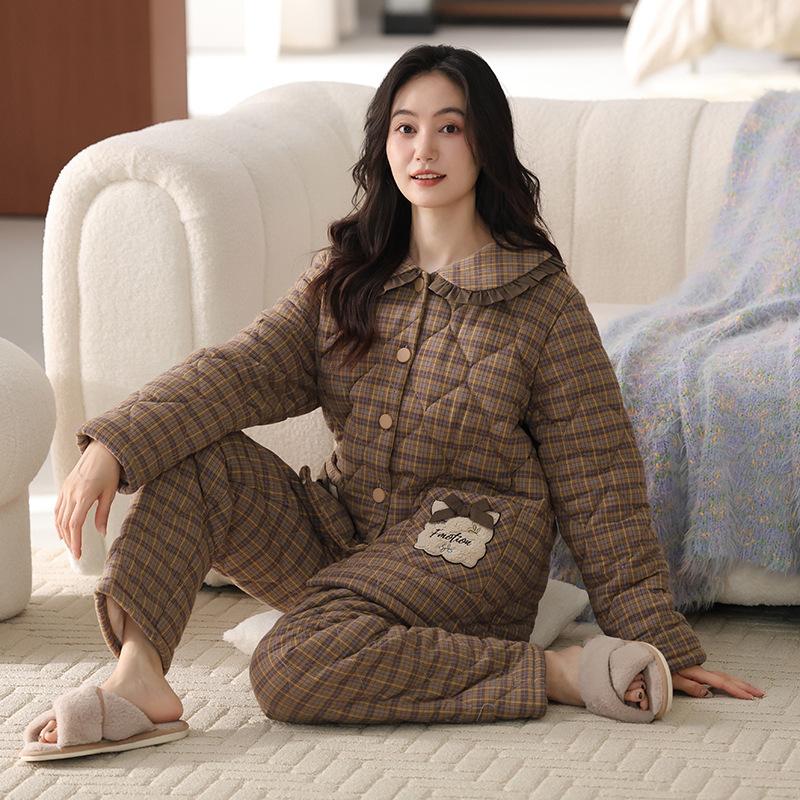 Пижама женская зимняя трехслойная тканая из чистого хлопка с подкладкой, утолщенная стеганая куртка, домашняя одежда, теплый и бархатистый костюм для мамы среднего возраста