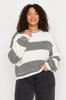Women's Style Plus Size Ecru Striped Textured Crew Neck Knitwear Sweater