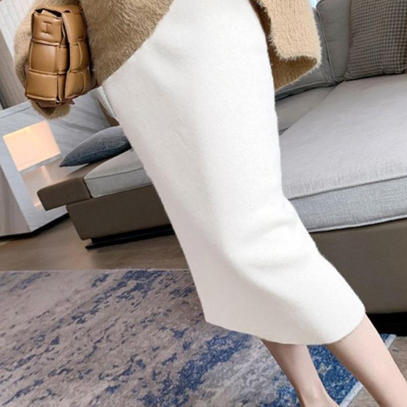 Осенне-зимняя женская красная вязаная юбка-полусолнце с высокой талией длиной до колена облегающая юбка-карандаш приталенная шерстяная юбка