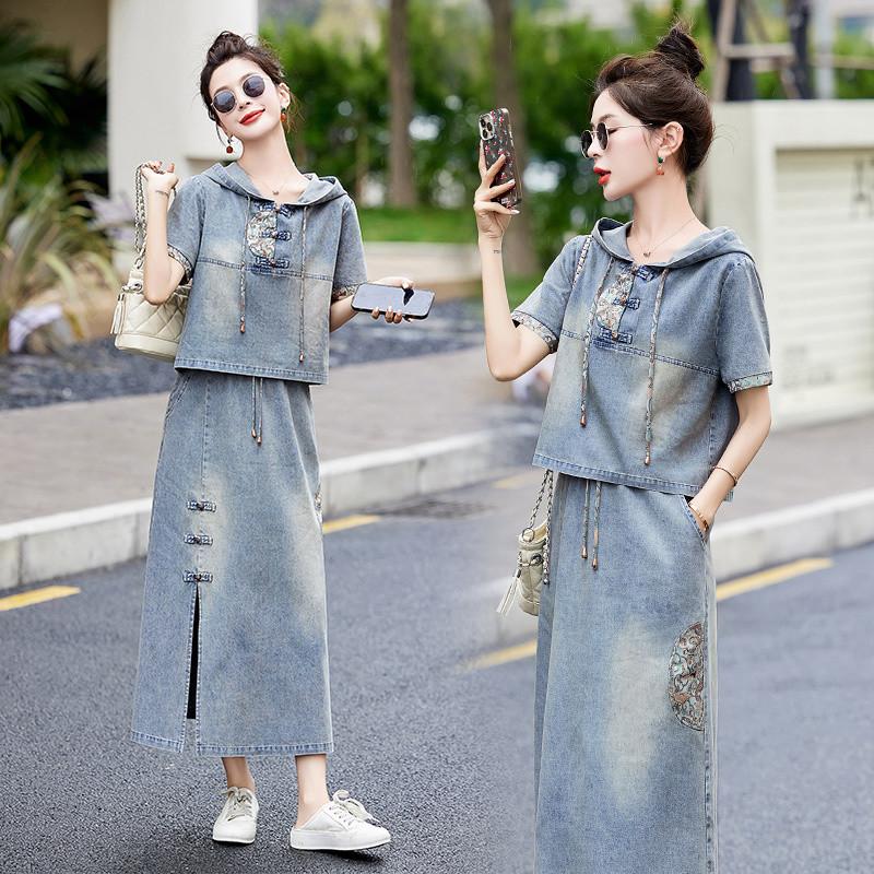 Женский летний ретро-вышитый джинсовый костюм с юбкой и капюшоном