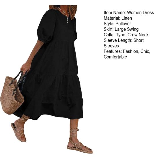 Женское летнее платье миди с короткими рукавами-фонариками и круглым вырезом, льняное платье, свободное повседневное бохо-пляжное платье