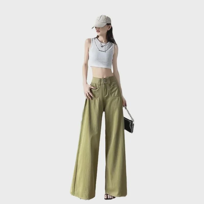 Women's High-Waist Wide-Leg Avocado Jeans - Summer Drape, Slim Straight, Floor-Length Fit, Trendy and Tall.