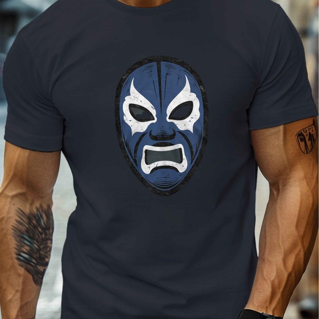 Luchador Mask Blue Print Mens Cotton Graphic Tee Crew Neck Short Sleeve Casual TShirt