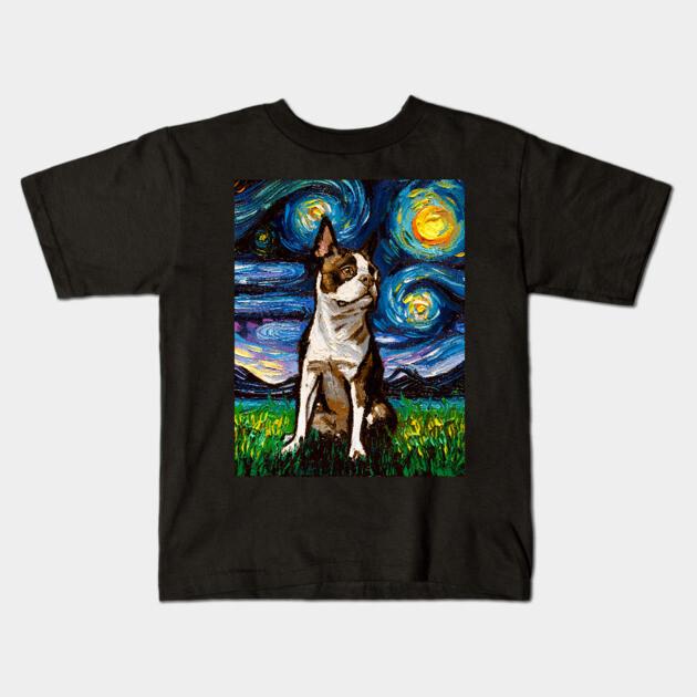 Boys Girls Soft Cotton Graphic Tees Brown Boston Terrier Night Breathable Daily School Wear Kids T-Shirts