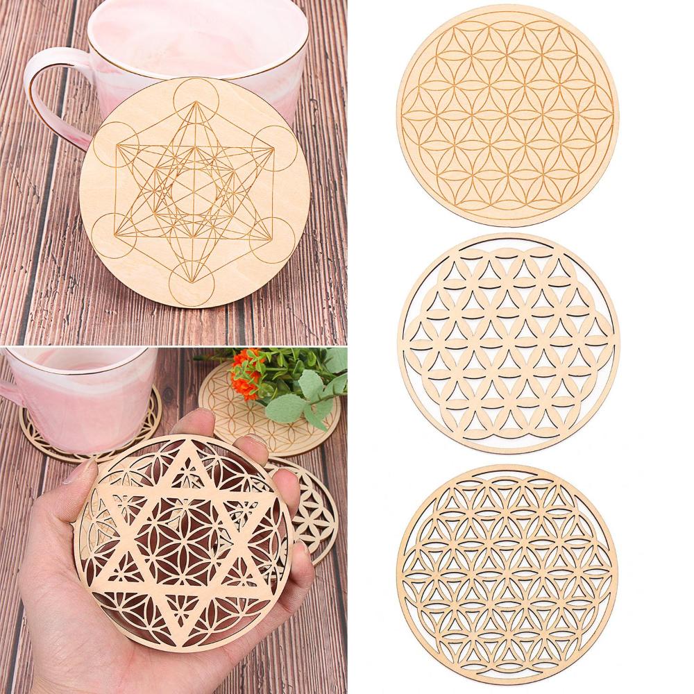 Collectibles Flower of life Decor Healing Circles Carved Round Edge Wood Chakra Pattern Coaster