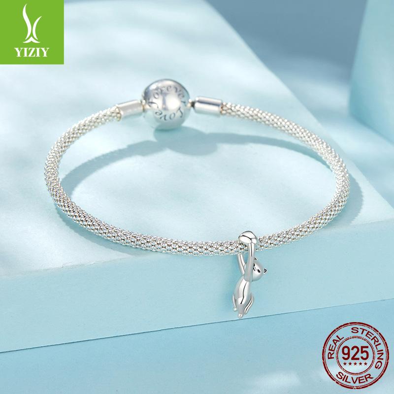 Animal Diy Bracelet Necklace Accessories Naughty Cat Beaded S925 Sterling Silver Beads