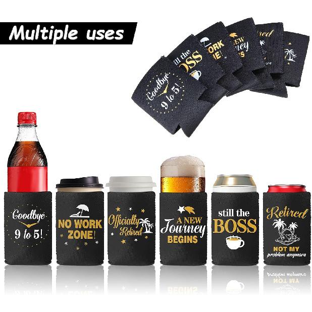 Baderke 6 Pieces Retirement Gifts Beverage Can Sleeves Funny Retirement Beer Can Sleeve Collapsible Neoprene Sleeve Beer Bottle Beverage Cooler for