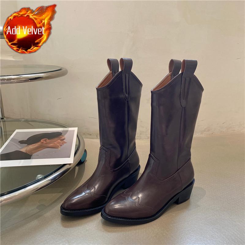 Shoes For Women Middle Heel Pointed Toe Footwear Brown Denim Ladies Boots Cowgirl Cowboy Boot With Stylish Spring 2024 Hot