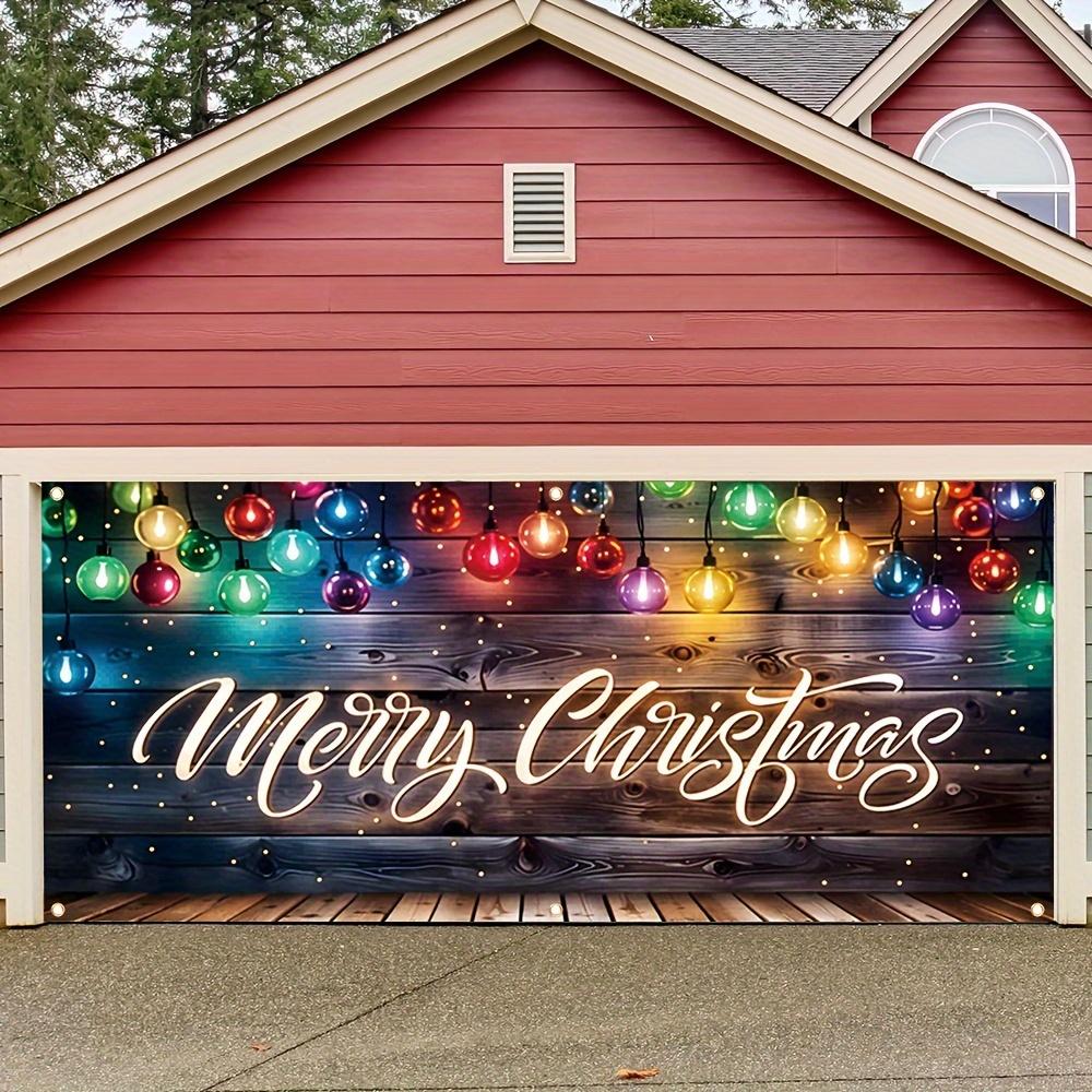 Merry Christmas garage door banner with festive ball lights and text design for home, outdoors