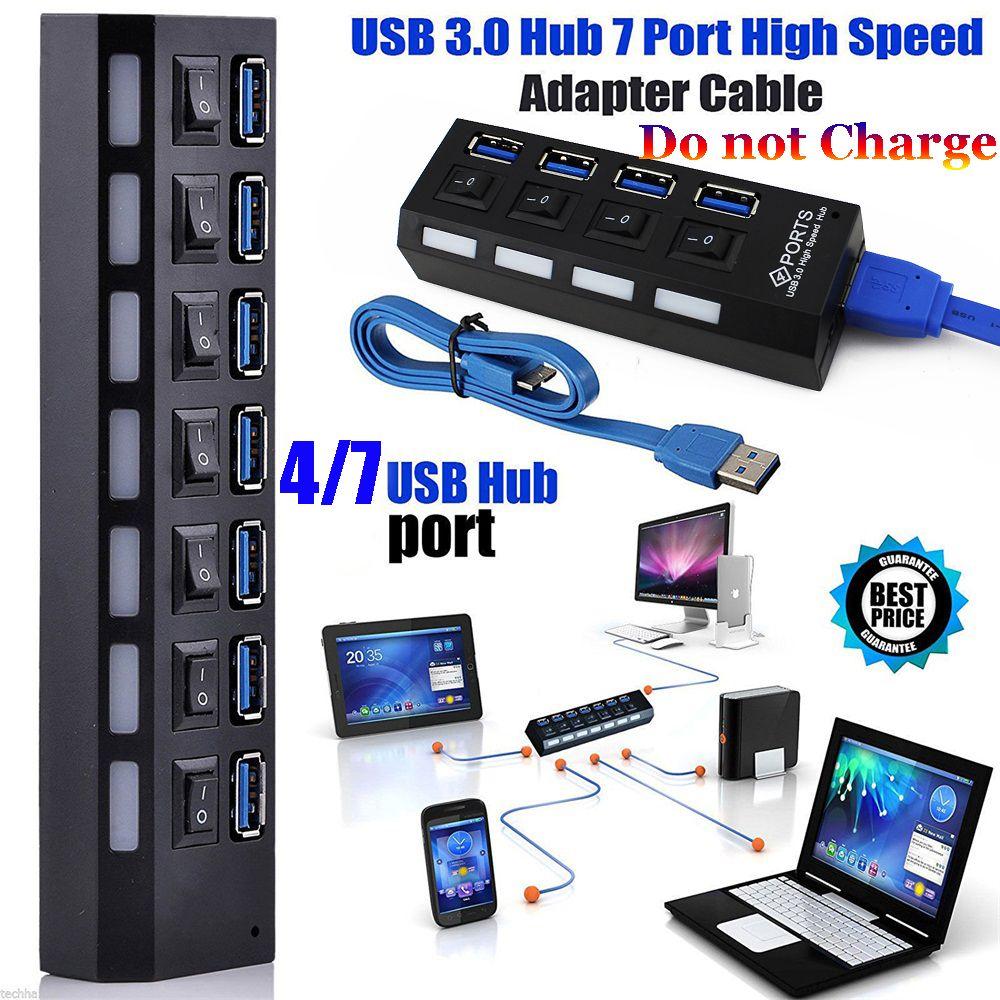 Plug Splitter Converter on/Off Switches 5Gbps High Speed 4/7 Port USB 3.0 Hub AC Power Adapter