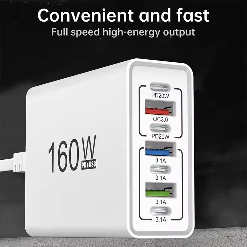 160W USB C Charger Fast Charging 4USB+3TYPE-C EU/US 7 Ports Charging Head Quick Charge QC3.0 Mobile Phone Wall Adapter