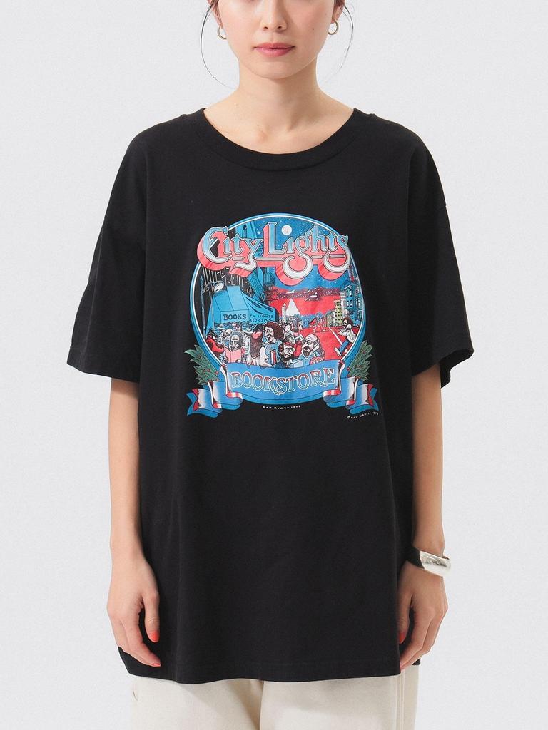 BEAMS BOY S/S TEE [Special Order] City Lights Bookstore Pat Ryan T-Shirt, Women's, Black, Size L