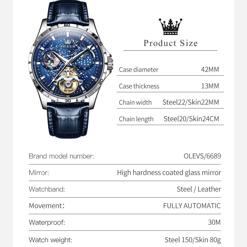 OLEVS Brand Watches Fashion Star Mechanical Watch Men Business Hollow Waterproof Men's Watch Men