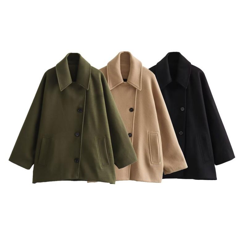 Womens French Chic Wool Blend Coat Loose Fit Turn-Down Collar Short Cape Sleeve Outerwear