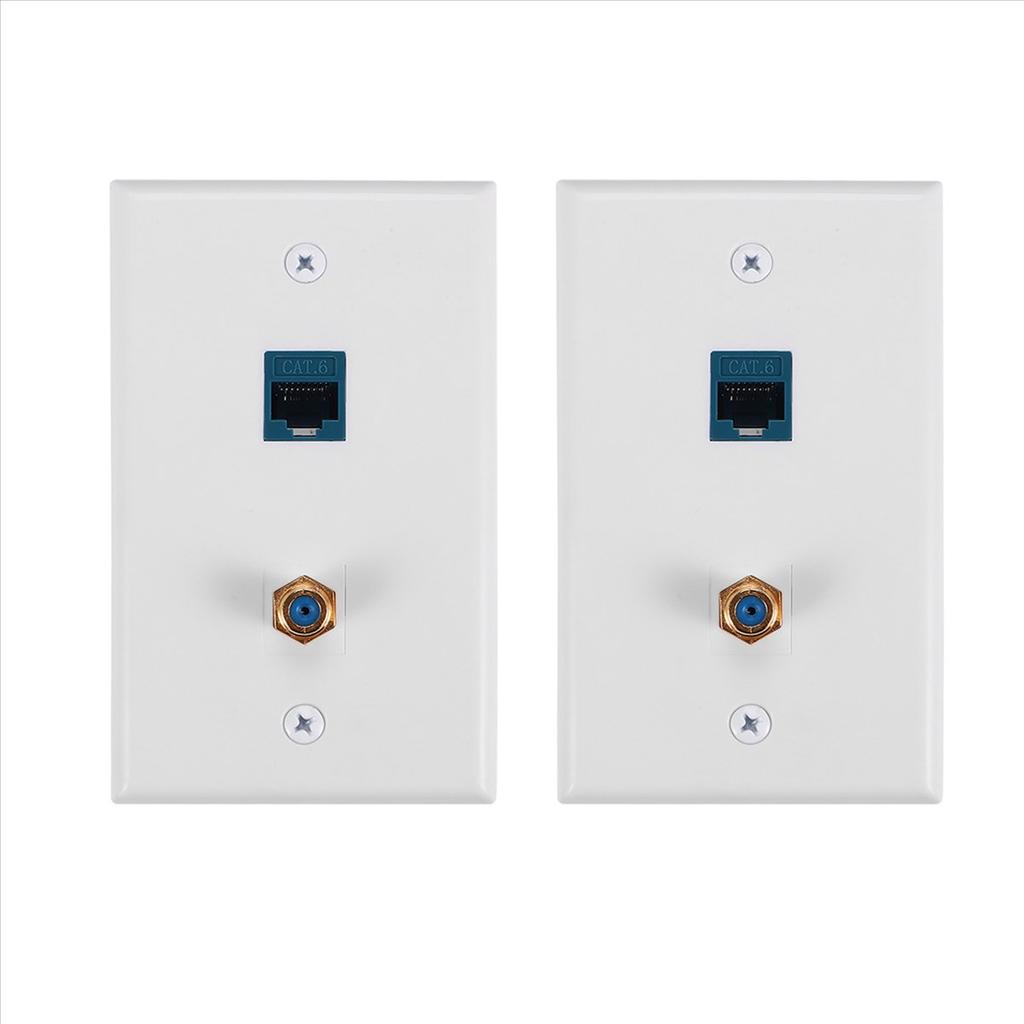 2 Packs Ethernet Coax Wall Plate Outlet with 1 Cat6 Port and 1 Gold-Plated Coax F Type Port RJ45 Wall Plates