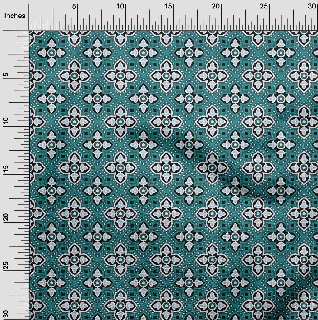 oneOone Cotton Flex Dark Teal Green Fabric Asian Block Print Traditional Geometric Quilting Supplies Print Sewing Fabric By The Yard 40 Inch