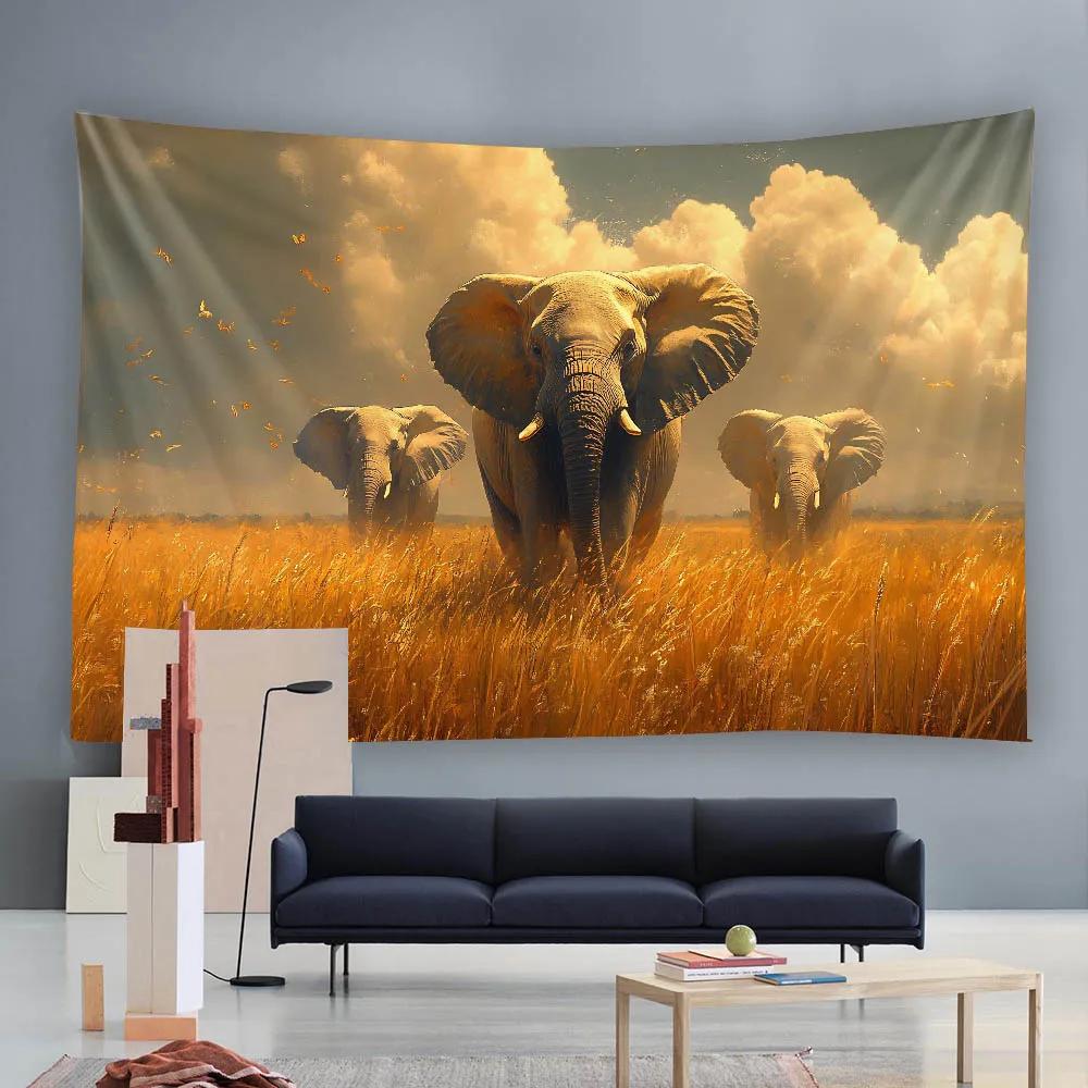 Golden Grassland Elephant Sunrise Retro Landscape Wall Hanging Tapestry Multi-Size Decorative Cloth for Bedroom And Living Room