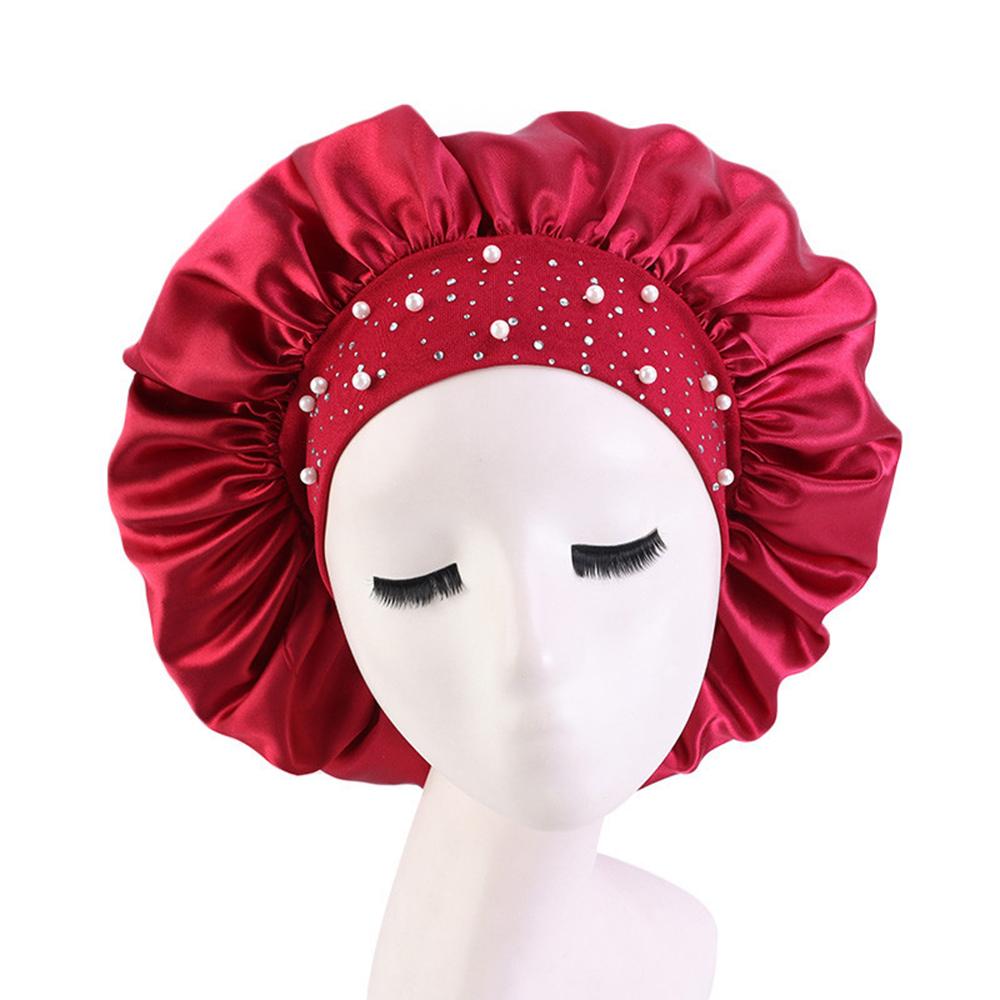 Satin Sleep Cap Rhinestone Bonnet Women Hat Night Hair Care Salon Shower Headband