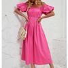 Women's Loose Long Off Shoulder Bubble Short Sleeved Pleated High Waisted Solid Color Dress