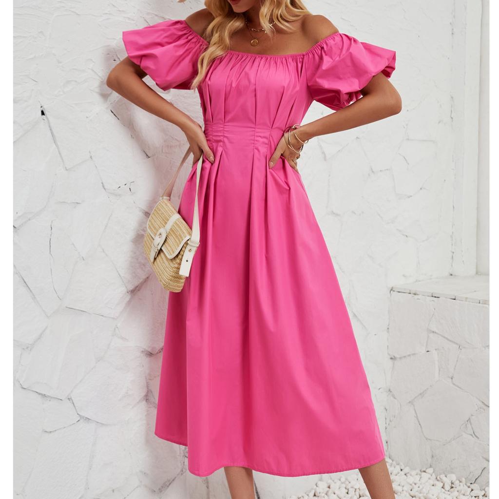 Women's Loose Long Off Shoulder Bubble Short Sleeved Pleated High Waisted Solid Color Dress