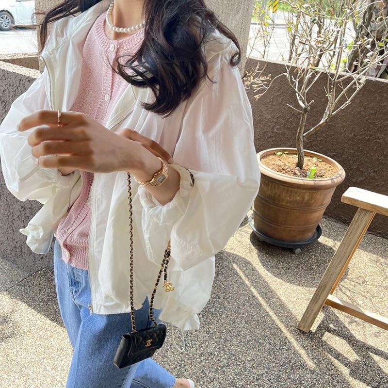 Летняя солнцезащитная укороченная куртка с капюшоном, женская 2023, повседневное пальто на молнии, легкая тонкая рубашка с длинными рукавами, женская свободная одежда 27234