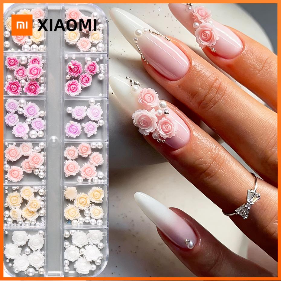 Xiaomi 12 Grids Colorful Resin Rose Flower Nail Charms Elegant Camellia Rose Floral with Pearl Jewelry for Summer Nail Art Decorations