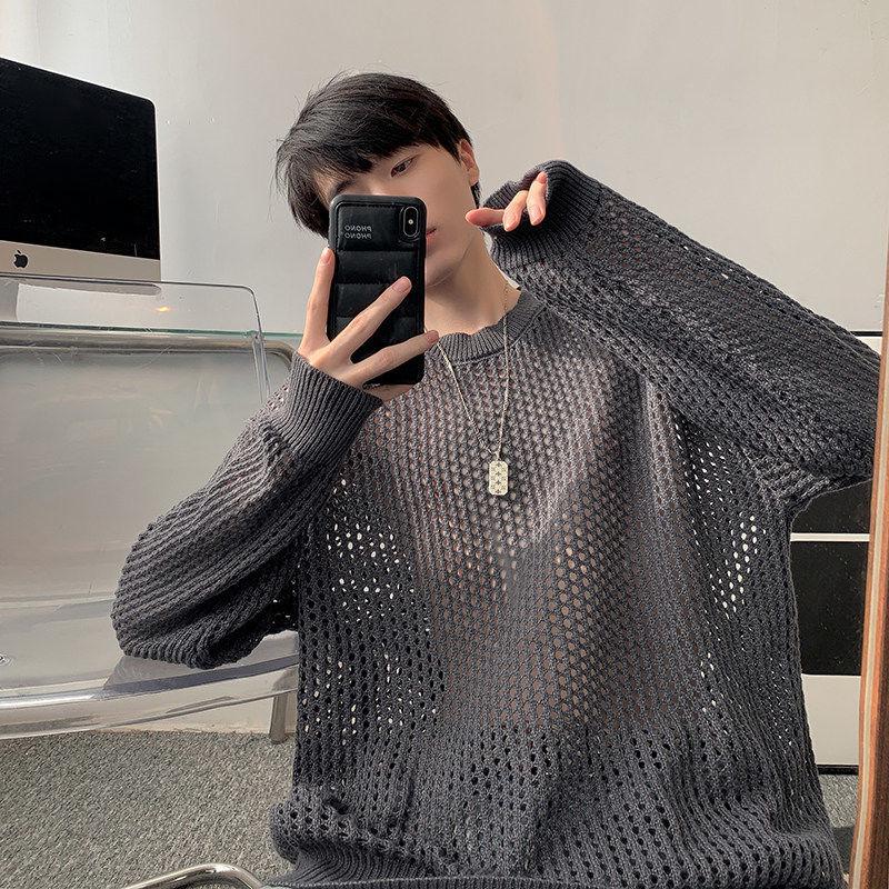 Men's Summer Thin Grid T-Shirt: Trendy Hong Kong Style, Hollow Knit, Long Sleeve, Round Neck Cover-Up