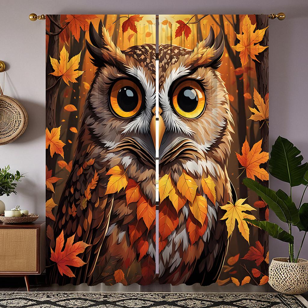 2pcs Set HD Maple Owl Decorative Curtain Yellow Tie Digital Printed Curtain Home Decoration Style Decoration Living Room Bedr