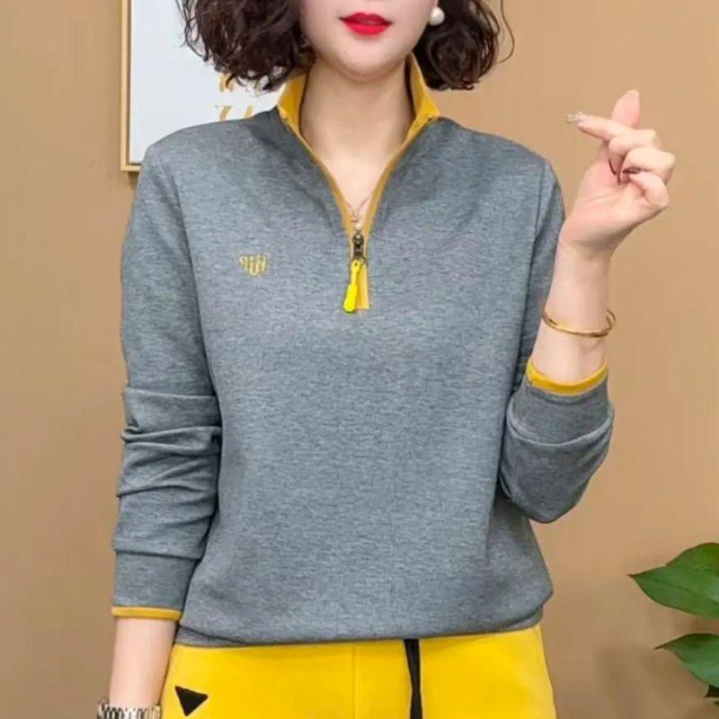Spring Fashion Half-Zip Embroidered Slimming Color Block Long Sleeve Top for Moms