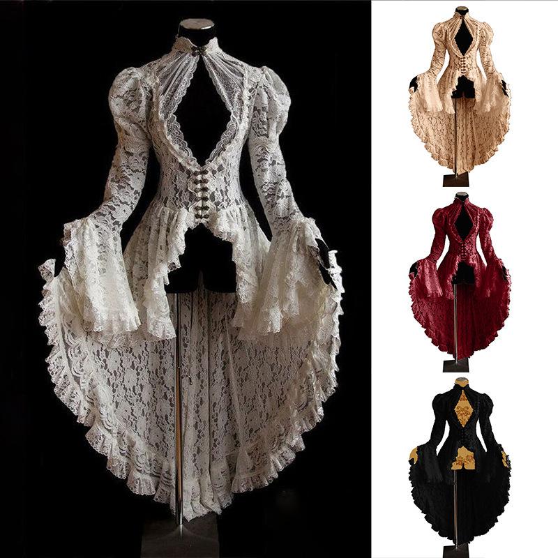 Vintage Halloween Medieval Renaissance Cosplay Costumes Dress Women Gothic Lace Bandage Black Fancy Maxi Vestidos