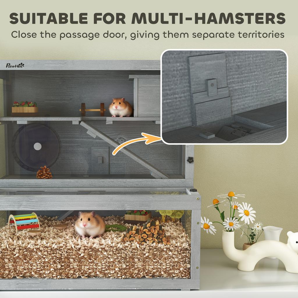 Wooden Hamster Cage, 3 Levels with Hideaway, Wheel, Ramps, Transparent Panel, Separate Compartments, 80x50x84cm, Grey