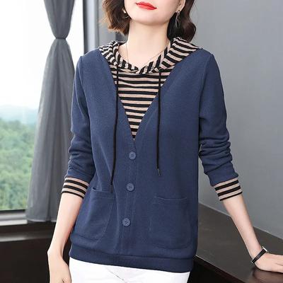 Свитер с капюшоном, женский осенне-зимний ложный комплект из двух частей, полосатая футболка с длинными рукавами, рубашка большого размера, повседневные пуловеры, топы