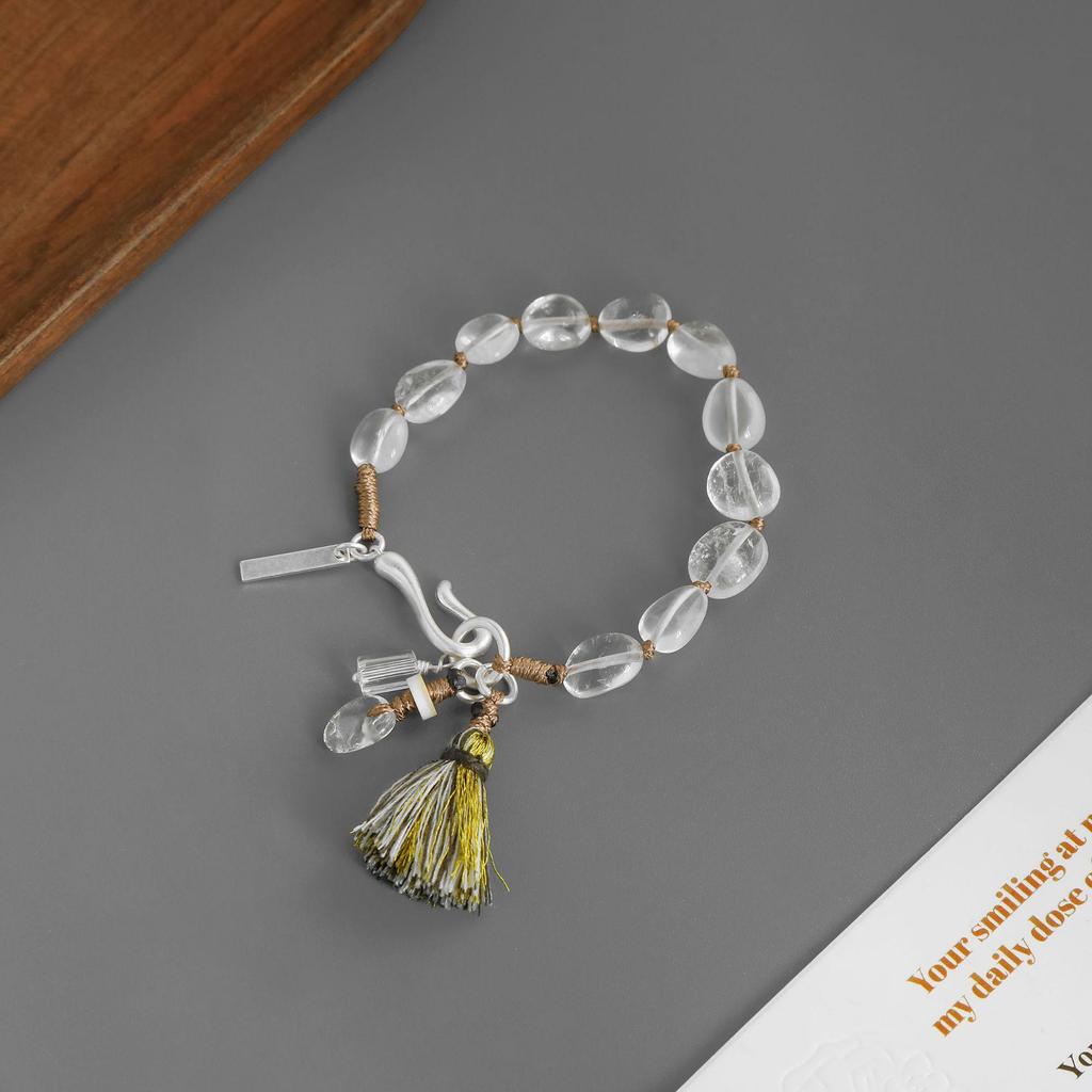 Nomadic Glacier Ethnic Style White Crystal Tassel Bracelet - Retro Design with Braided Rope