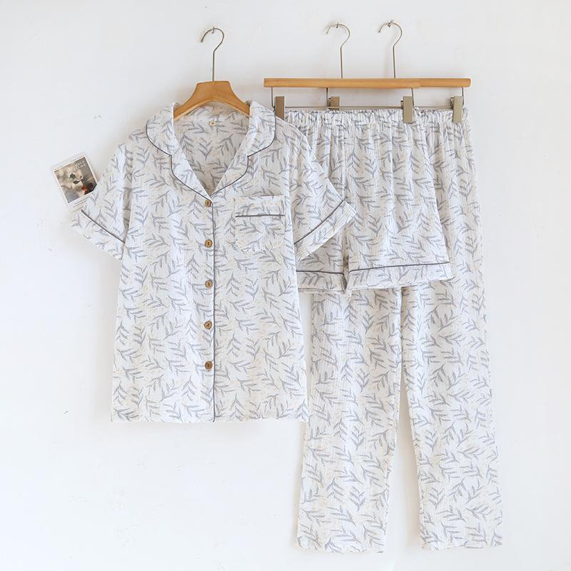 2026 Новый весенне-летний женский комплект пижамы 100% хлопковый креп Короткий рукав+Шорты+Брюки 3-piece Тонкий кардиган Домашняя одежда Женская