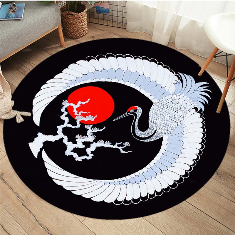 Японский журавль, круглый коврик, японская морская волна, укиё-э, круглый ковер, круглые ковры для гостиной, спальни