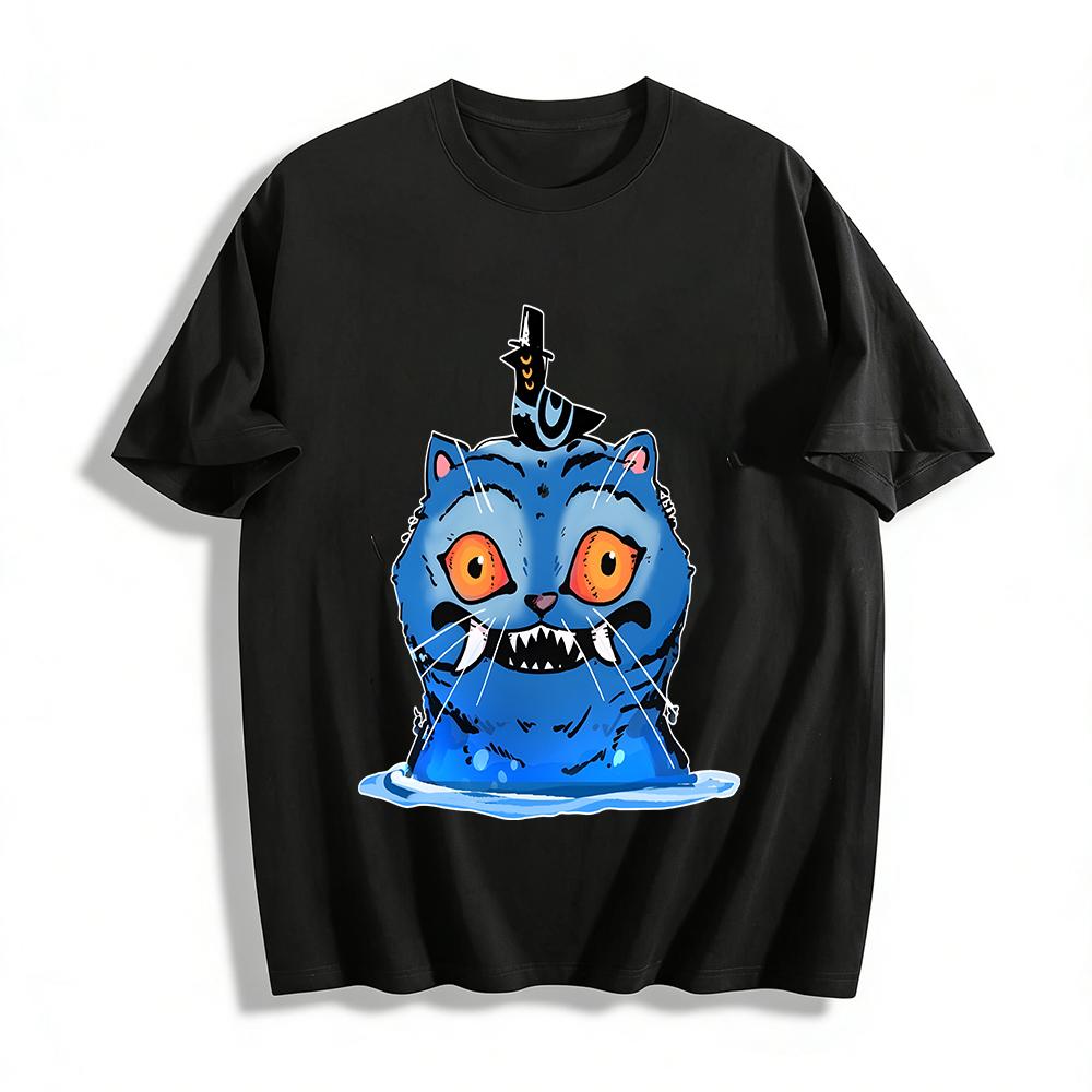 Weird Blue Cat Water Monster Print Casual Top Unisex Loose Breathable Daily T-Shirt Pure cotton T-shirt