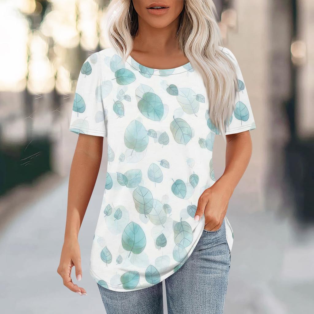 T Shirts For Women Pleated Round Neck Dressy Casual Blouses Printing Short Sleeve Summer Tops Loose Fit